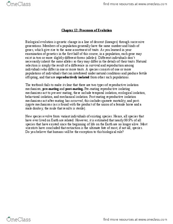 Biology 1225 Chapter Notes - Chapter 12: Reproductive Isolation, Evolution, Natural Selection thumbnail