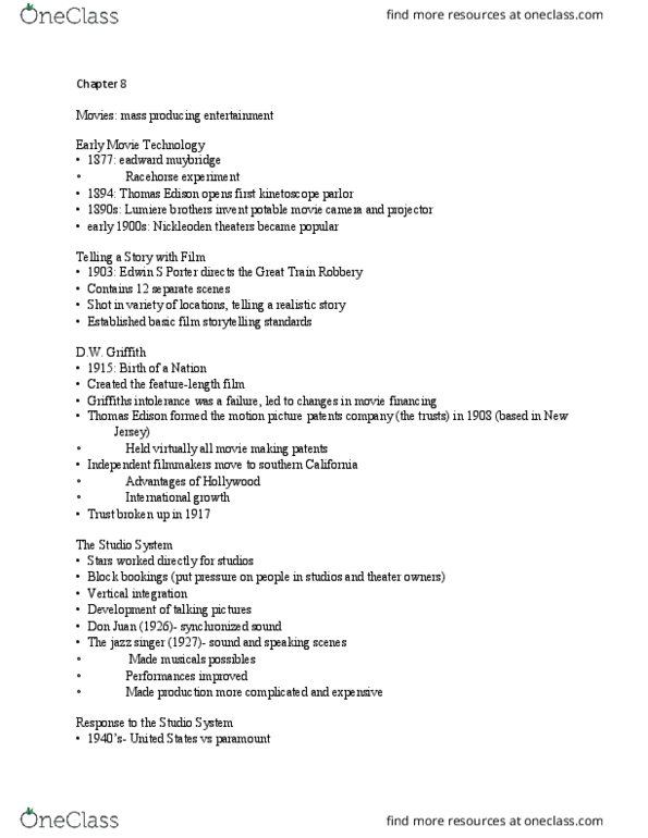 JRL 101 Chapter Notes - Chapter 8: Motion Picture Patents Company, Eadweard Muybridge, Edwin S. Porter thumbnail