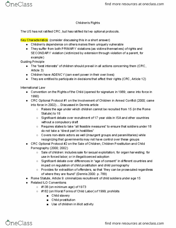POLS 3212 Lecture Notes - Lecture 29: List Of International Labour Organization Conventions, Rome Statute Of The International Criminal Court, Child Prostitution thumbnail