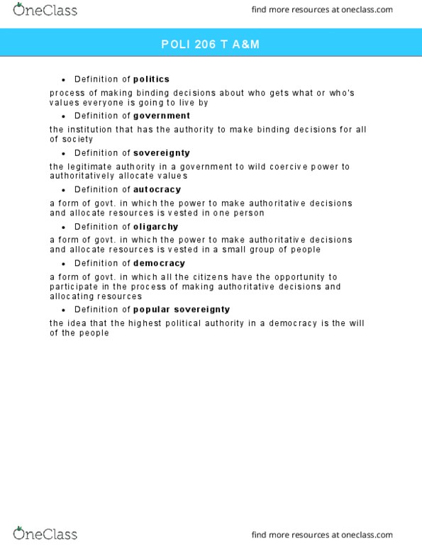 POLS 206 Lecture Notes - Lecture 92: Autocracy thumbnail