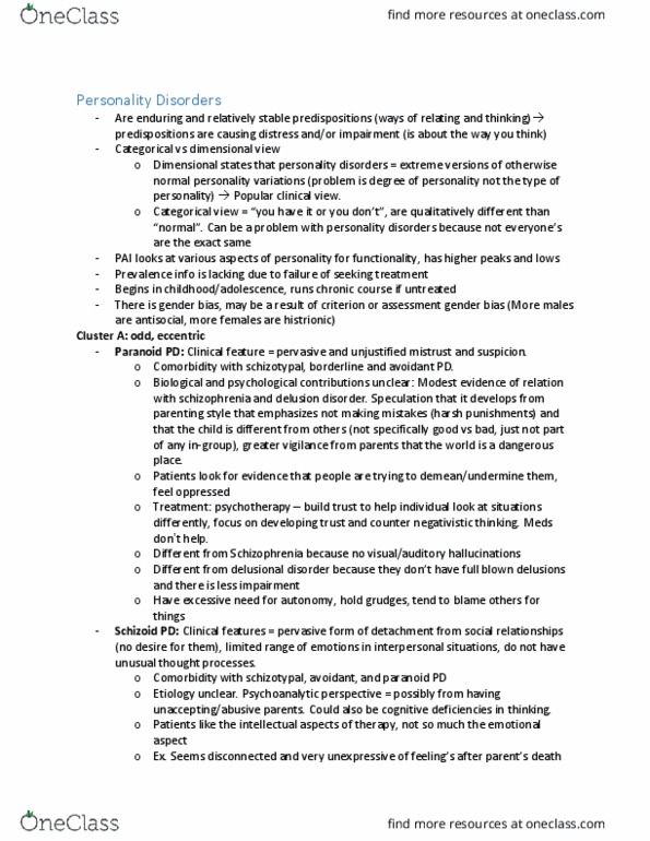 PSYC 3140 Lecture Notes - Lecture 9: Delusional Disorder, Schizotypal Personality Disorder, Personality Disorder thumbnail