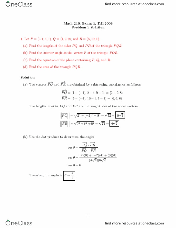 Math 210 Study Guide Fall 2018 Final Dot Product Cross