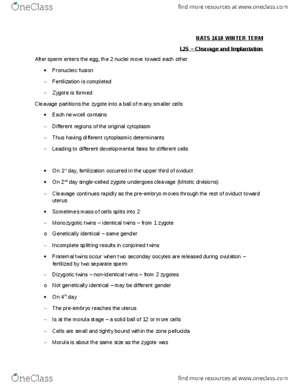 NATS 1610 Lecture Notes - Inner Cell Mass, Zona Pellucida, Conjoined Twins thumbnail