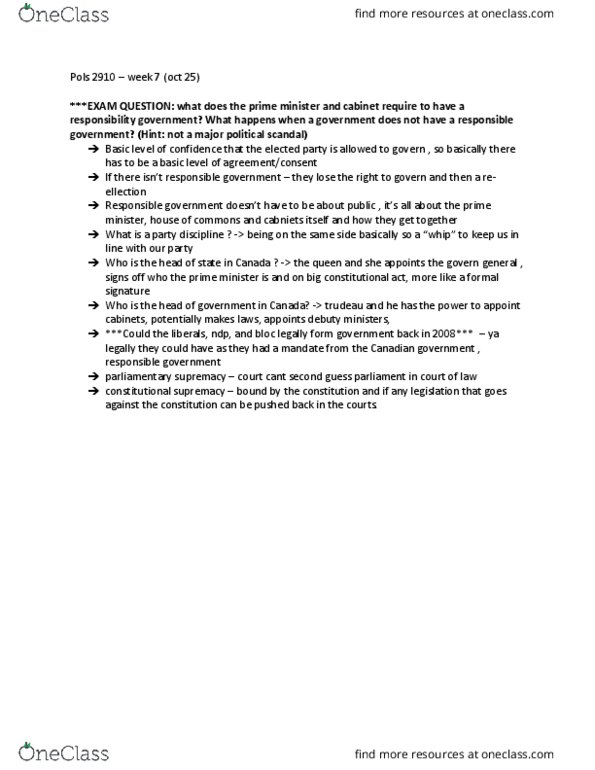 POLS 2910 Lecture Notes - Lecture 7: Parliamentary Sovereignty, Responsible Government thumbnail