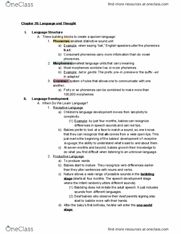 PSY 111 Chapter Notes - Chapter 28: Babbling, Oneworld, Hearing Loss thumbnail