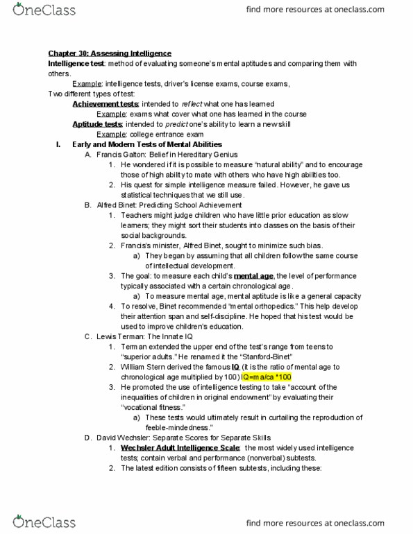 PSY 111 Chapter Notes - Chapter 30: Wechsler Adult Intelligence Scale, Lewis Terman, David Wechsler thumbnail