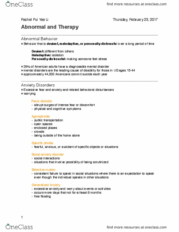 PSYCH 100 Lecture Notes - Lecture 19: Generalized Anxiety Disorder, Selective Mutism, Panic Disorder thumbnail