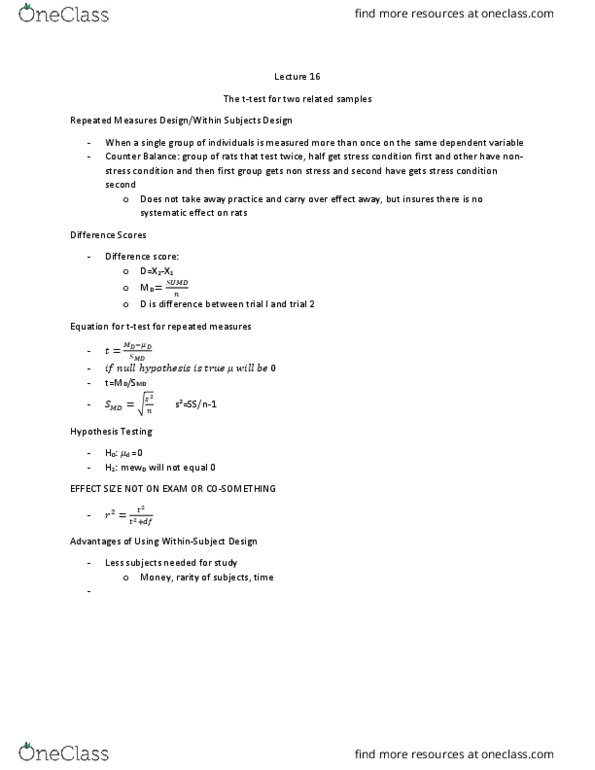 STAT-2126EL Lecture Notes - Lecture 16: Maryland Route 2, Repeated Measures Design, Dependent And Independent Variables thumbnail