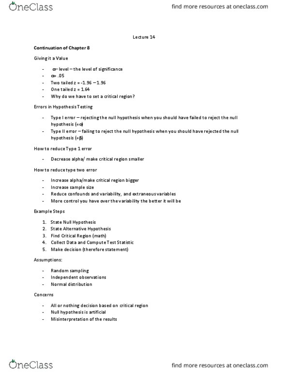 STAT-2126EL Lecture Notes - Lecture 14: Type I And Type Ii Errors, Null Hypothesis, Normal Distribution thumbnail