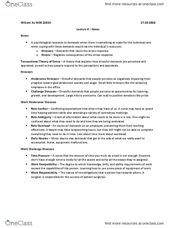 Management and Organizational Studies 2181A/B Lecture Notes - Lecture 4: Role Conflict, Presenteeism, Cognitive Distortion thumbnail