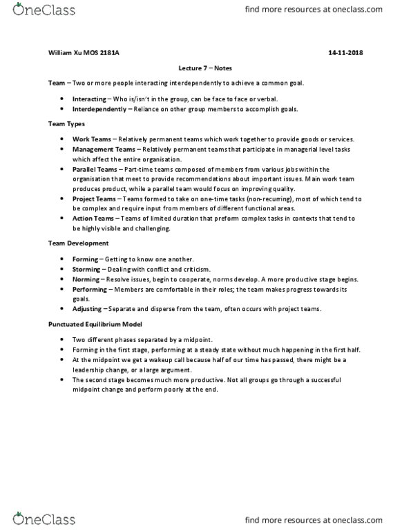 Management and Organizational Studies 2181A/B Lecture Notes - Lecture 7: Brainstorming, Social Loafing, Extraversion And Introversion thumbnail