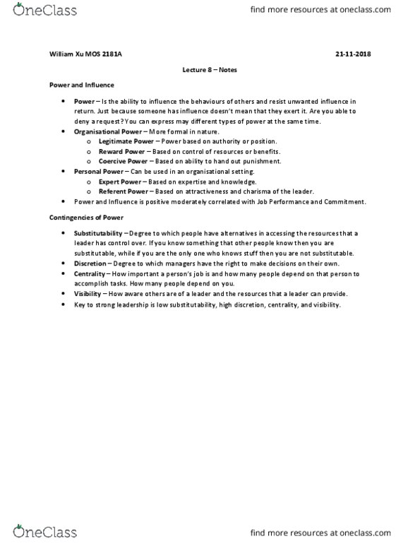 Management and Organizational Studies 2181A/B Lecture Notes - Lecture 8: Centrality, Final Offer, Ingratiation thumbnail