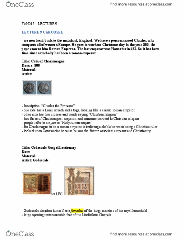 FAH215H1 Lecture Notes - Lecture 9: Lindisfarne Gospels, Godescalc Of Benevento, Toga thumbnail