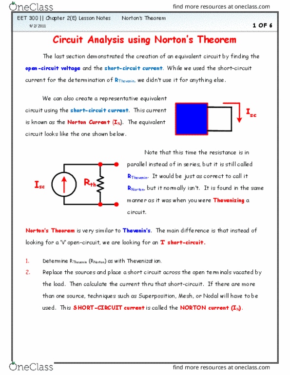 EET 300 Lecture Notes - Lecture 4: Norton'S Theorem, Equivalent Circuit, Short Circuit thumbnail