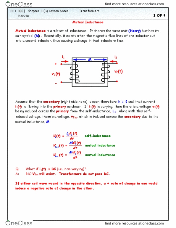 EET 300 Lecture Notes - Lecture 5: Inductance, Inductor, Voltage Source thumbnail