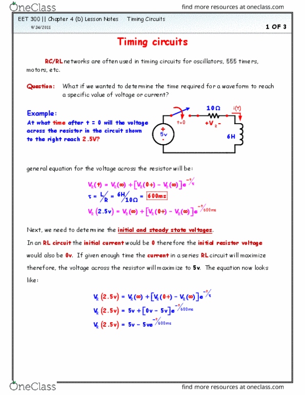 EET 300 Lecture Notes - Lecture 8: Rl Circuit, Transient State, Signal Generator thumbnail