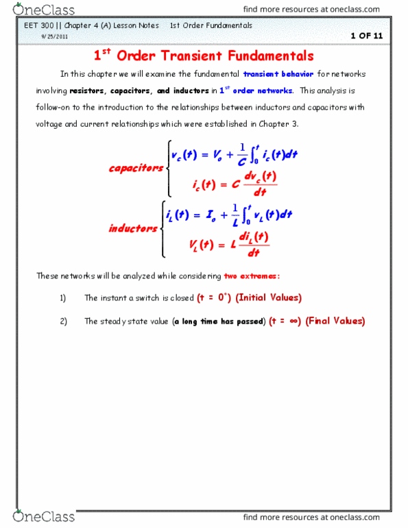 EET 300 Lecture Notes - Lecture 7: Inductor, Short Circuit, Voltage Source thumbnail