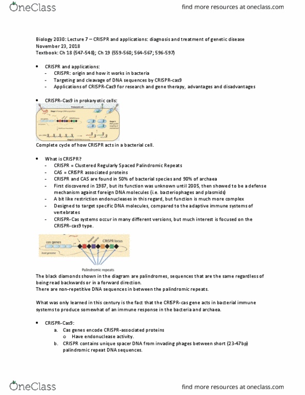 BIOL 2030 Lecture Notes - Lecture 7: Palindromic Sequence, Cas9, Restriction Enzyme thumbnail