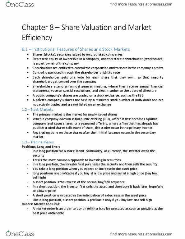 BU283 Chapter Notes - Chapter 8: Initial Public Offering, Market Price, Financial Statement thumbnail