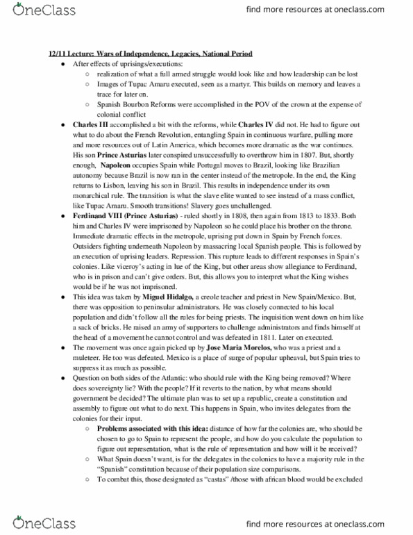 HISTORY 347 Lecture Notes - Lecture 14: Bourbon Reforms, Arriero, Casta thumbnail