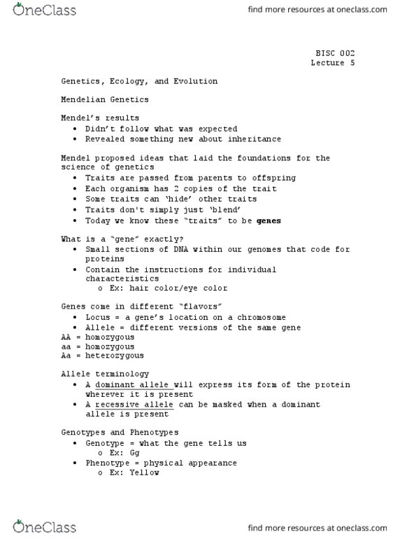 BISC 2 Lecture Notes - Lecture 5: Allele, Chromosome, Punnett Square thumbnail