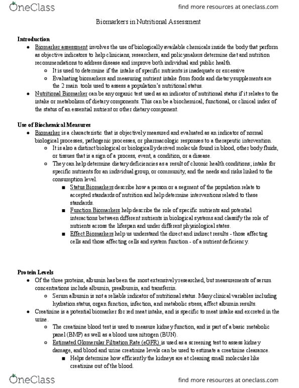 NUTR 8020 Chapter Notes - Chapter 8: Serum Albumin, Biomarker, Dietary Supplement thumbnail