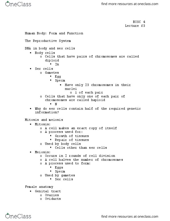 BISC 4 Lecture Notes - Lecture 63: Reproductive System, Mitosis, Meiosis thumbnail