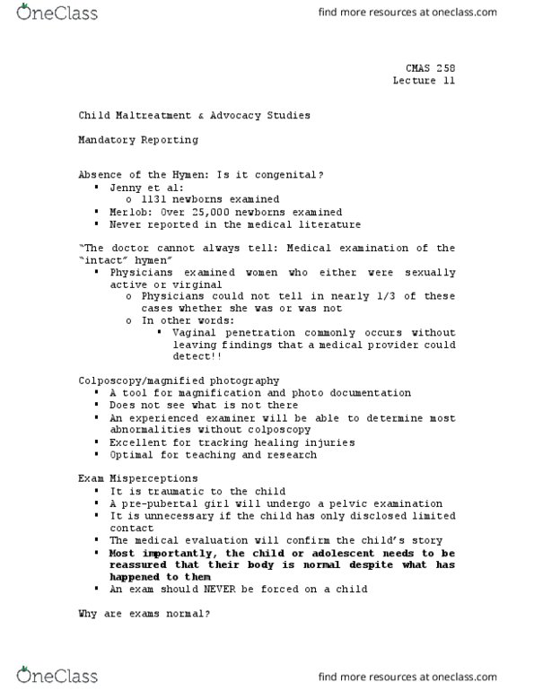 CMAS 258 Lecture Notes - Lecture 11: Colposcopy, Pelvic Examination, Hymen thumbnail