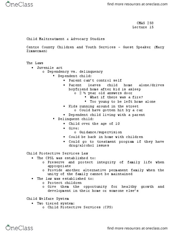CMAS 258 Lecture Notes - Lecture 15: Child Protective Services, Mary Zimmerman, Child Abuse thumbnail