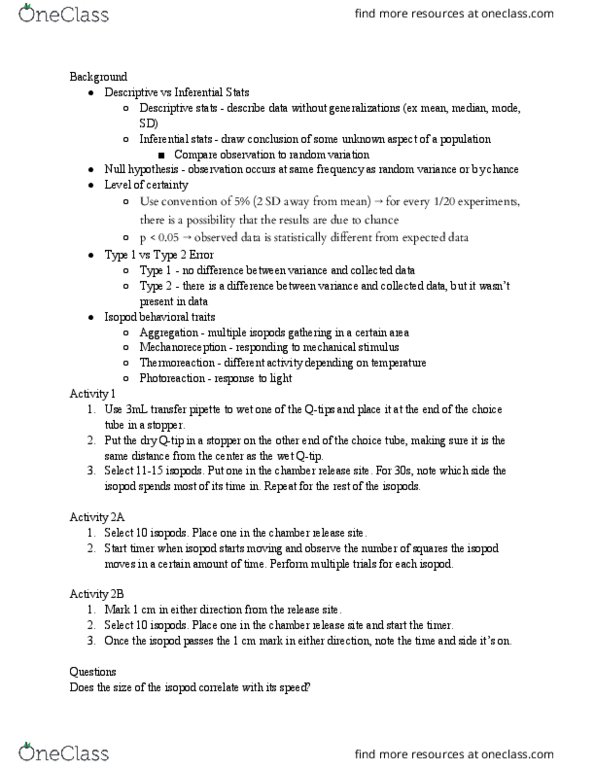 BIO 204 Lecture Notes - Lecture 7: Isopoda, Null Hypothesis, Pipette thumbnail