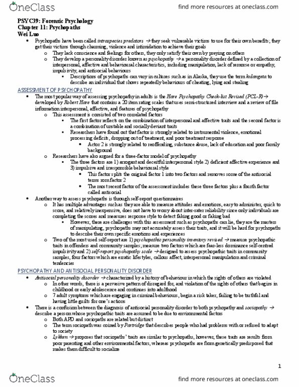 PSYC39H3 Chapter Notes - Chapter 11: Psychopathy Checklist, Psychopathic Personality Inventory, Psychopathy thumbnail