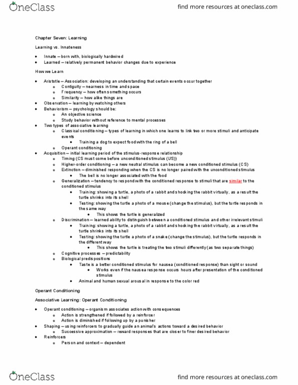 PSYC100 Lecture Notes - Lecture 7: Operant Conditioning, Classical Conditioning, Contiguity thumbnail