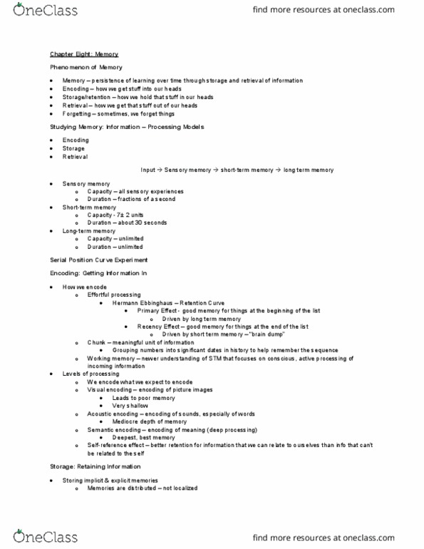 PSYC100 Lecture Notes - Lecture 8: Hermann Ebbinghaus, Long-Term Memory, Sensory Memory thumbnail