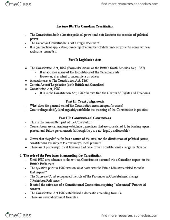 POLSCI 1AA3 Lecture Notes - Lecture 10: Patriation Reference, Pierre Trudeau, Unanimous Consent thumbnail