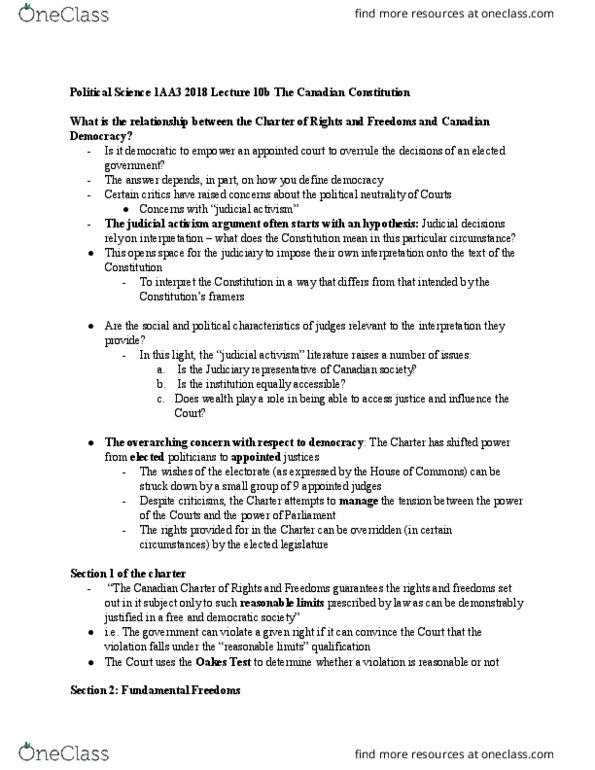 POLSCI 1AA3 Lecture Notes - Lecture 10: Judicial Activism, Section 33 Of The Canadian Charter Of Rights And Freedoms thumbnail