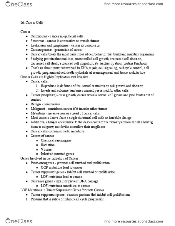 MCB 2210 Lecture Notes - Lecture 26: Tumor Suppressor Gene, Cell Migration, Metastasis thumbnail