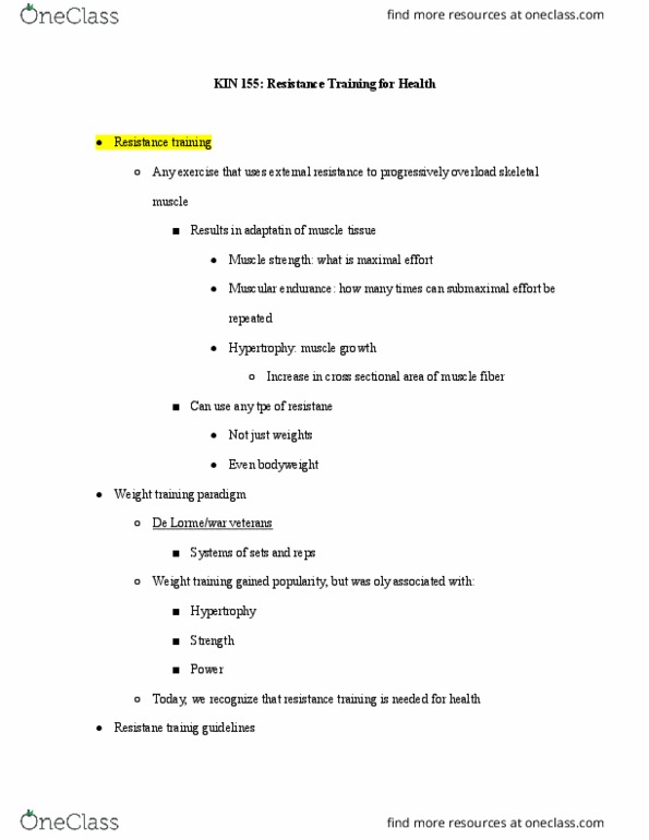 KIN 155 Lecture Notes - Lecture 17: Weight Training, Skeletal Muscle, Myocyte thumbnail