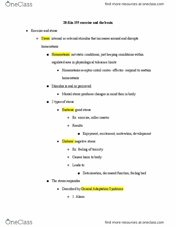 KIN 155 Lecture Notes - Lecture 20: Homeostasis, Catecholamine, Cortisol thumbnail