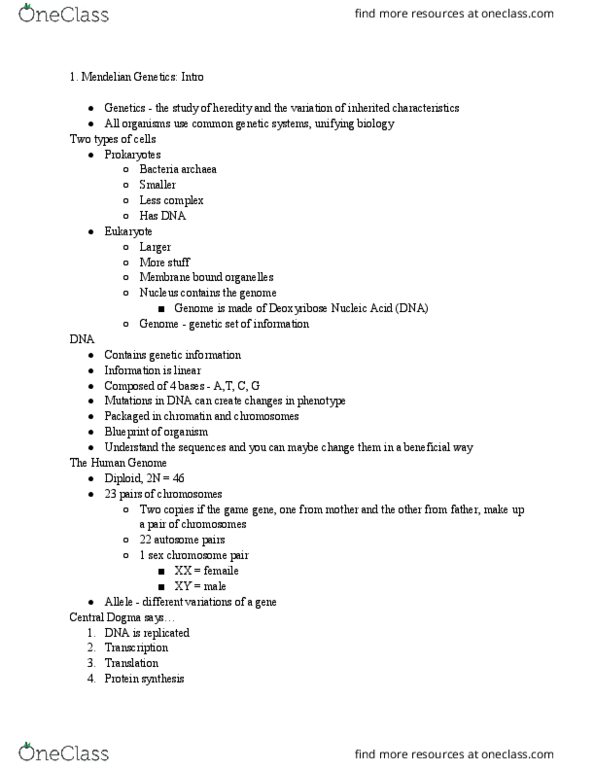 MCB 2410 Lecture Notes - Lecture 1: Mendelian Inheritance, Deoxyribose, Autosome thumbnail