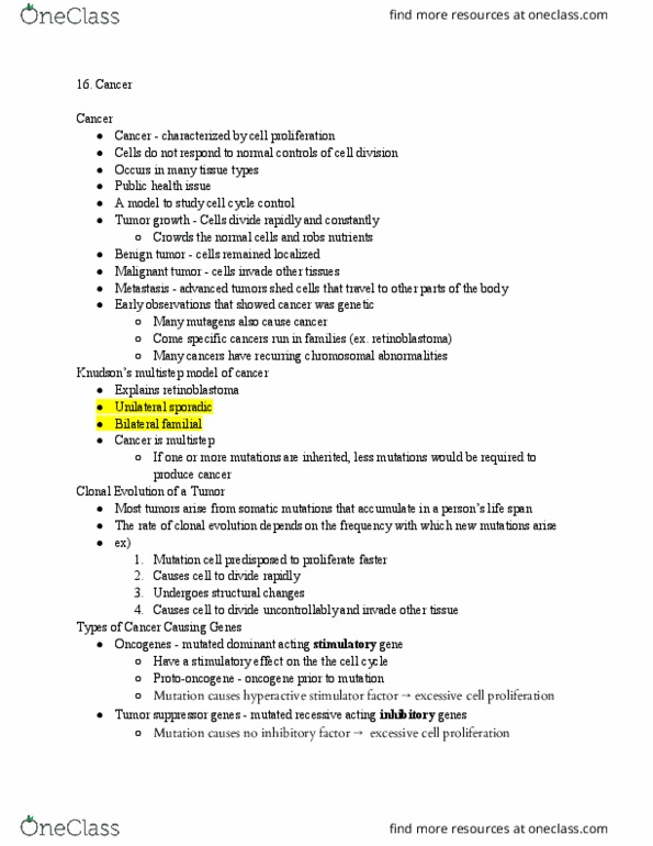 MCB 2410 Lecture Notes - Lecture 16: Tumor Suppressor Gene, Cancer, Benign Tumor thumbnail