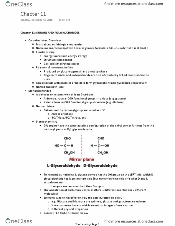 L41 BIOL 4810 Chapter Notes - Chapter 11: Aldose, Absolute Configuration, Glyceraldehyde thumbnail