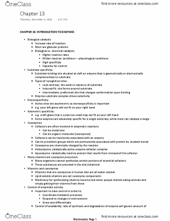 L41 BIOL 4810 Chapter Notes - Chapter 13: Enzyme, Stereospecificity, Eating Animals thumbnail