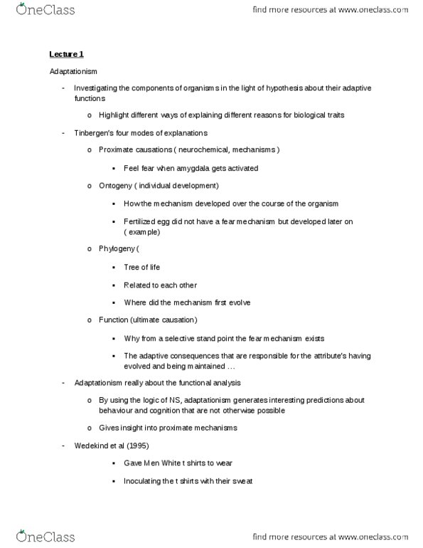 PSYCH 3F03 Lecture Notes - Ontogeny, Amygdala, Adaptationism thumbnail