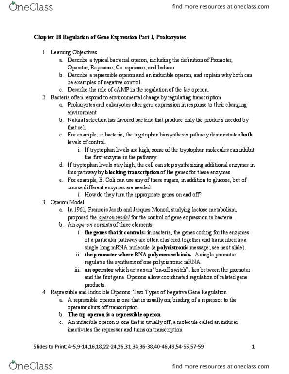 BIO 202 Lecture Notes - Lecture 18: Trp Operon, Lac Operon, Lac Repressor thumbnail