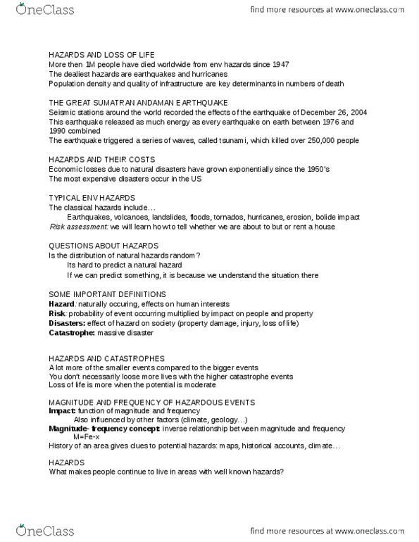 EESB18H3 Lecture Notes - Natural Hazard, Risk Assessment, Plate Tectonics thumbnail