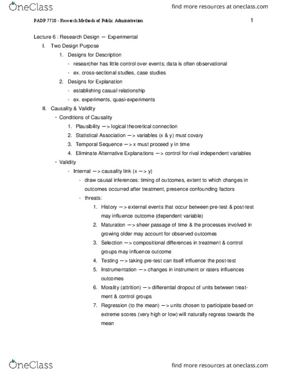 PADP 7110 Lecture Notes - Lecture 6: Internal Validity, Randomized Controlled Trial, Random Assignment thumbnail