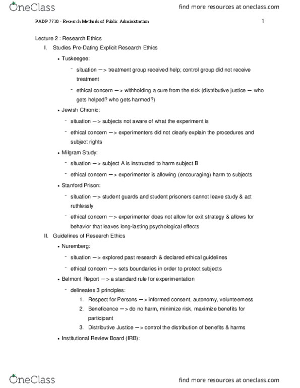 PADP 7110 Lecture Notes - Lecture 2: Institutional Review Board, Belmont Report, Distributive Justice thumbnail