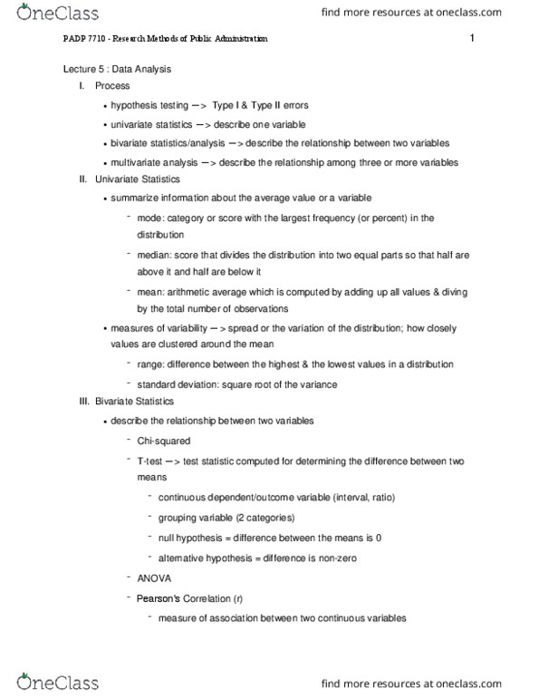 PADP 7110 Lecture Notes - Lecture 5: Type I And Type Ii Errors, Multivariate Analysis, Null Hypothesis thumbnail