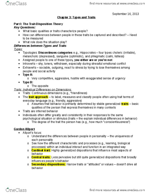 Psychology 2550A/B Chapter Notes - Chapter 3: Gordon Allport, Extraversion And Introversion, Factor Analysis thumbnail