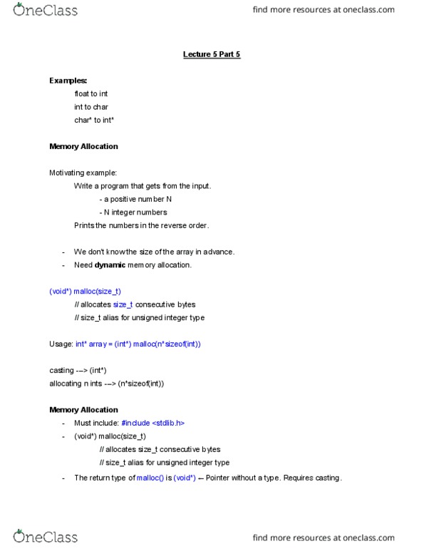 CMPT 125 Lecture Notes - Lecture 5: Memory Management, C Dynamic Memory Allocation thumbnail